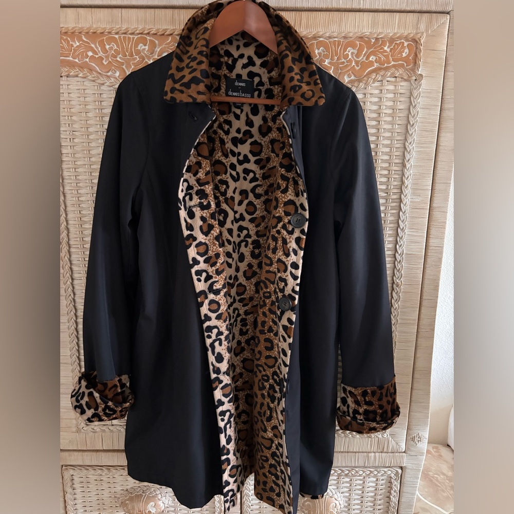 Dennis Basso Reversible Black/Leopard Print Coat - Picture 1 of 10